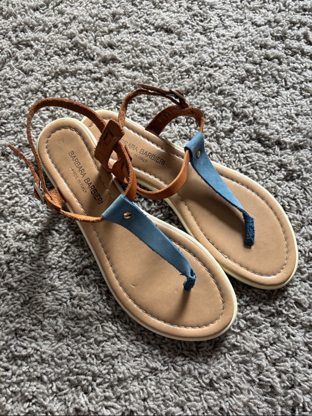 Barbara Barbieri Blue and Tan Leather T-Strap Sandals for Women
